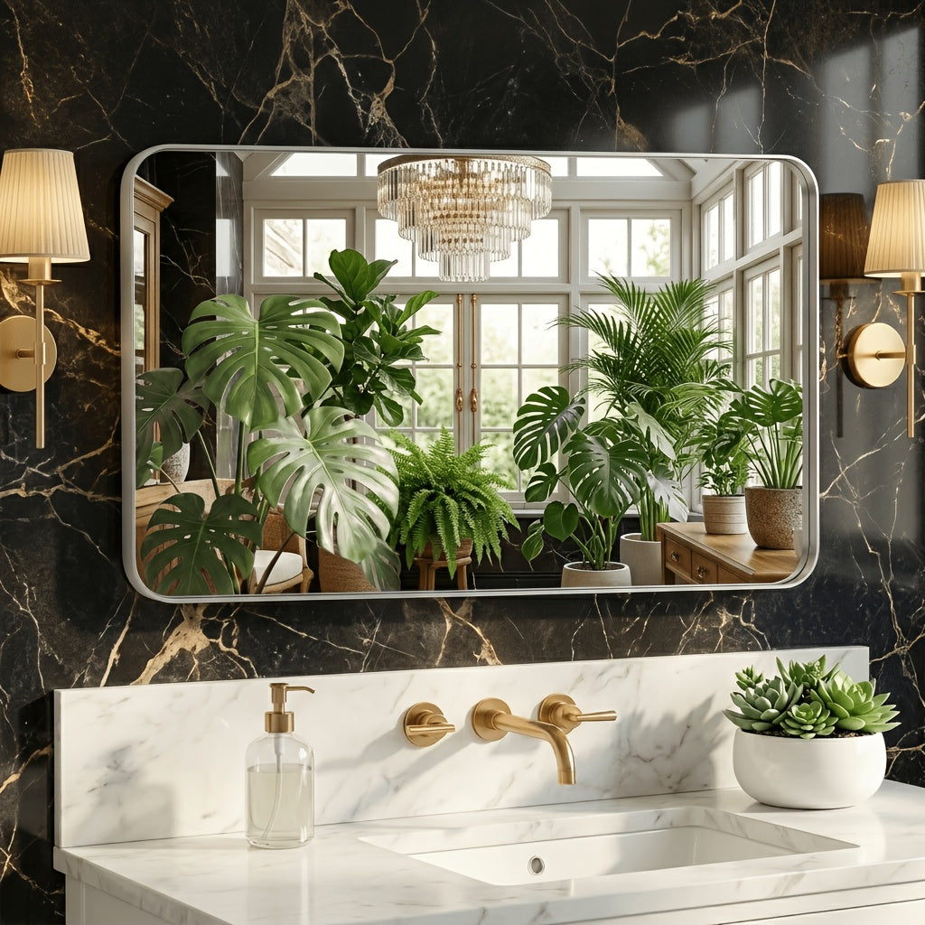 Metal Framed Rounded Rectangle Wall Mirror for Bathroom – Over Sink, Horizontal or Vertical Hanging, Modern Farmhouse Decor, Matte Black, Gold & Silver, Multiple Sizes 16x20 to 36x48 In