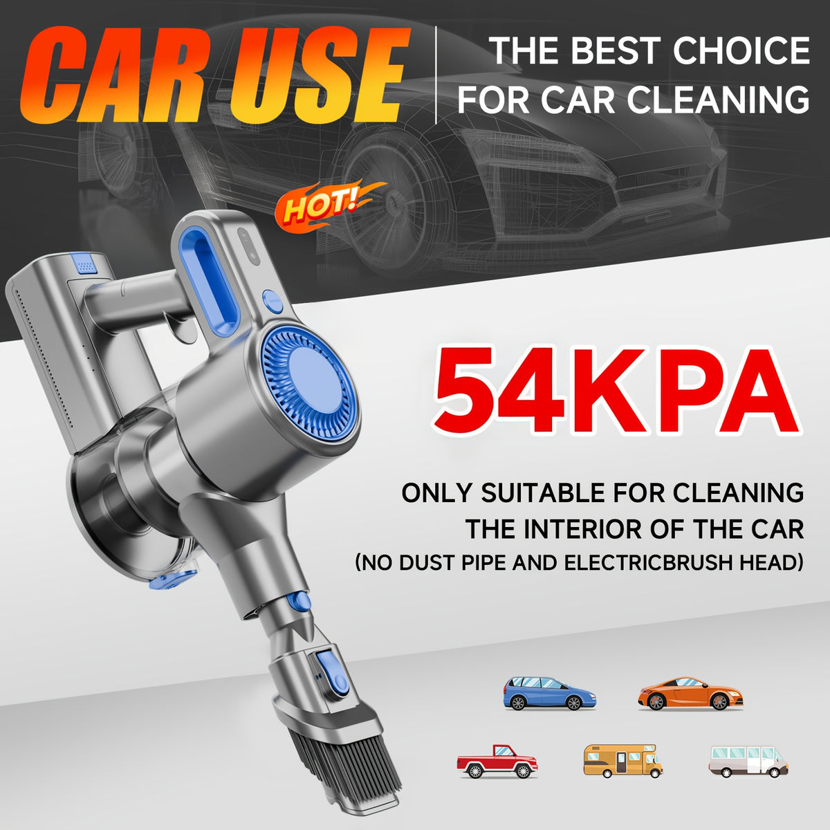 Cordless Vacuum Cleaner 54-64 KPA Lightweight with Anti-Tangle Brush, Removable Battery & Green LED – 45-Min Runtime for Carpet, Pet Hair, Hardwood Floors & Car Detailing
