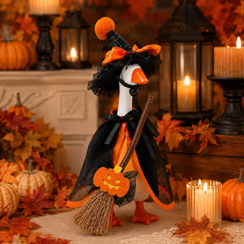 Witch Goose Dress-Up Set 4 Piece – 7-Inch Halloween Goose Statue Costume with Black Mesh Cape, Hat, Lining & Pumpkin Broom | Tabletop Goose Decor Outfit for Indoor & Porch Decoration