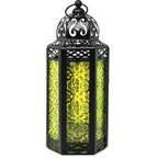 Moroccan Candle Lantern Holder Medium 10.5 Inch – Handcrafted Glass Iron Metal Lantern with Embossed Floral Panels, 17 Colors, Indoor Outdoor Use for Ramadan, Wedding, Patio, Diwali & Home Decor