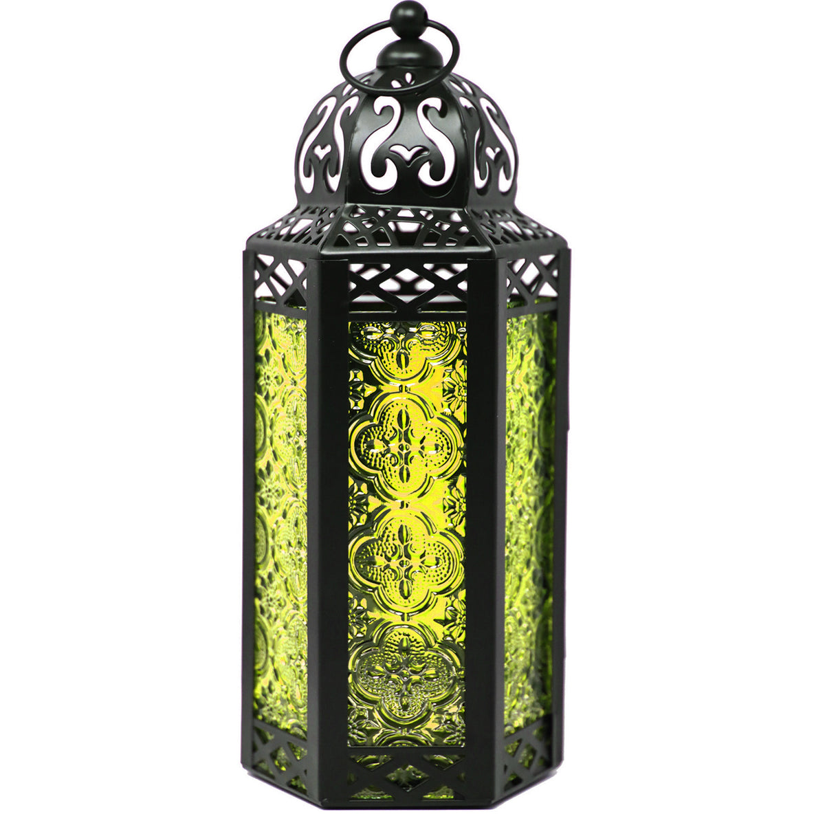 Moroccan Candle Lantern Holder Medium 10.5 Inch – Handcrafted Glass Iron Metal Lantern with Embossed Floral Panels, 17 Colors, Indoor Outdoor Use for Ramadan, Wedding, Patio, Diwali & Home Decor