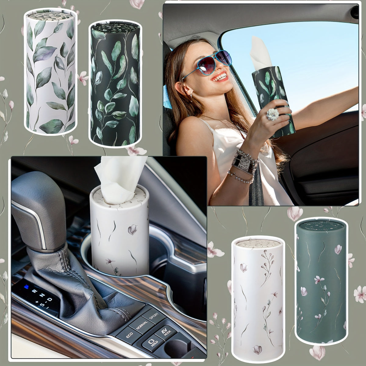 Round Car Tissue Box 12-Pack Vintage Floral Printed – Cylinder Facial Tissue Holder Bulk Set for Car Cup Holder, Travel & Home Use, Fresh Scent Design