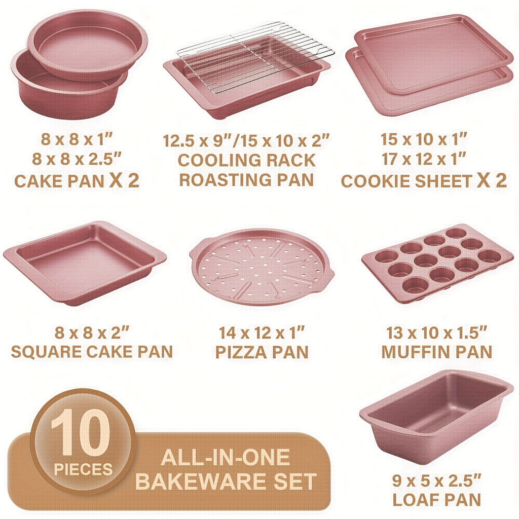 10-Piece Non-Stick Carbon Steel Bakeware Set – Cookie Sheet, Muffin Tray, Pizza Pan, Cake Tin & Roasting Dish, Complete Oven Baking Pans for Home Kitchen, Standard, Pink & Black