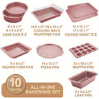 10-Piece Non-Stick Carbon Steel Bakeware Set – Cookie Sheet, Muffin Tray, Pizza Pan, Cake Tin & Roasting Dish, Complete Oven Baking Pans for Home Kitchen, Standard, Pink & Black