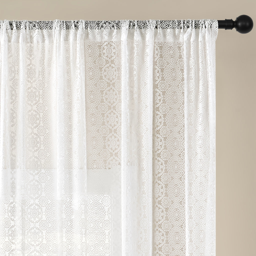 French Retro Lace Embroidered Chiffon Curtain – Romantic White Mesh Sheer Panel, Pole Pocket Top for Living Room Bedroom Partition, 4 Sizes