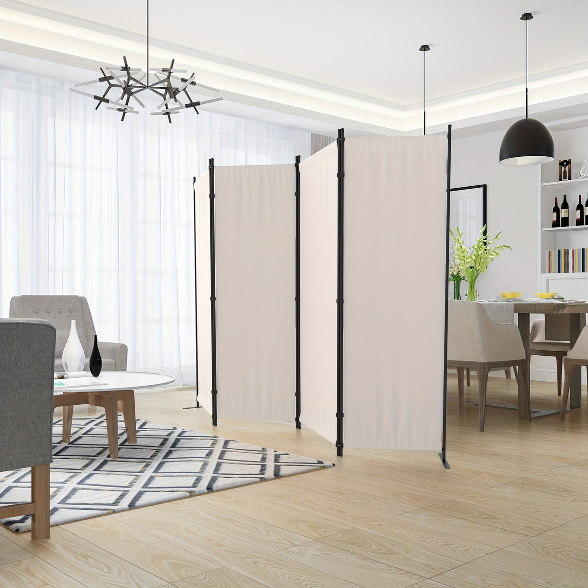 Room Divider 4 Panel Folding Privacy Screen – 67.5" Tall Cream Steel Frame Freestanding Partition for Bedroom Office Living Room