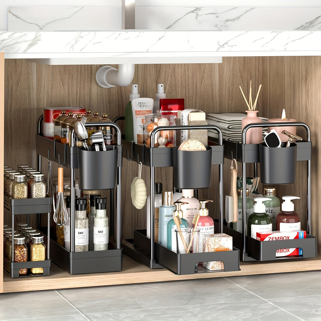Under Sink Organizer 4-Piece Adjustable Multi-Layer Storage Rack – Metal & Plastic Cabinet Shelf with Hanging Cups & Hooks for Kitchen Bathroom Spice Rack Space-Saving