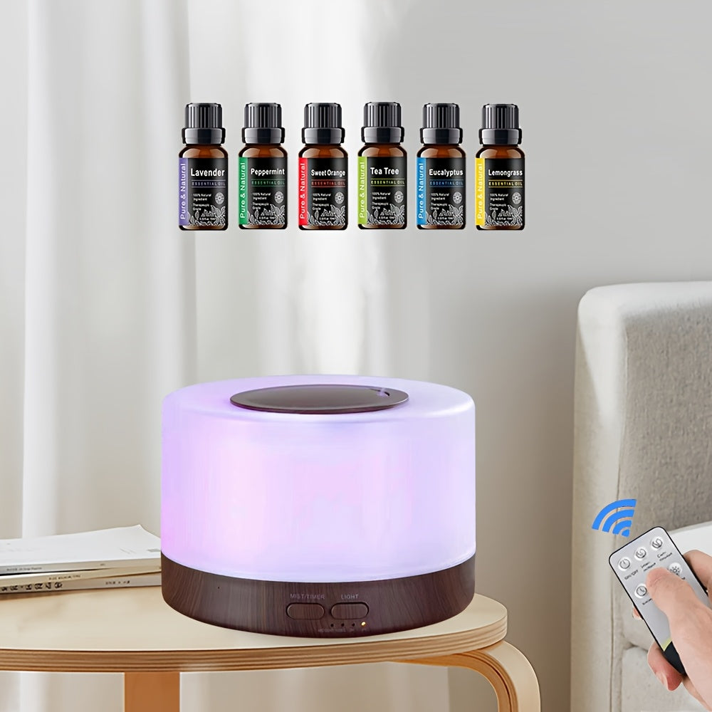 Aromatherapy Diffuser Humidifier Set 500ml Ultrasonic Cool Mist with 7 Color LED Night Light and 6 Essential Oils Gift Box