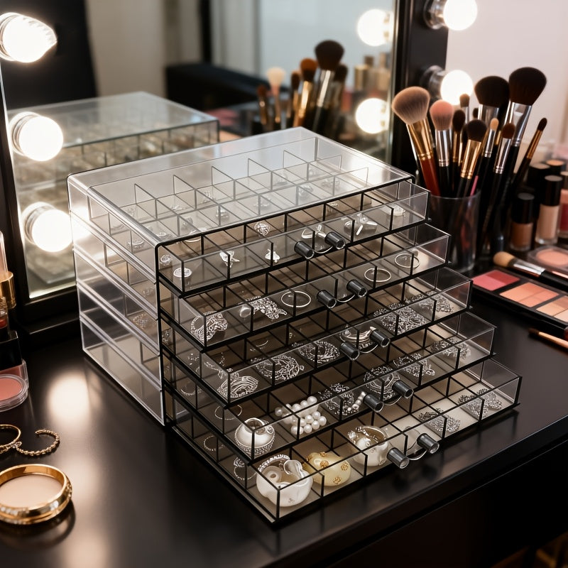 Acrylic Jewelry Storage Box 72/120 Slots Layered Organizer – Large Capacity Display Case for Earrings, Necklaces, Bracelets, Rings & Watches – Clear Stackable Jewelry Organizer Box for Women