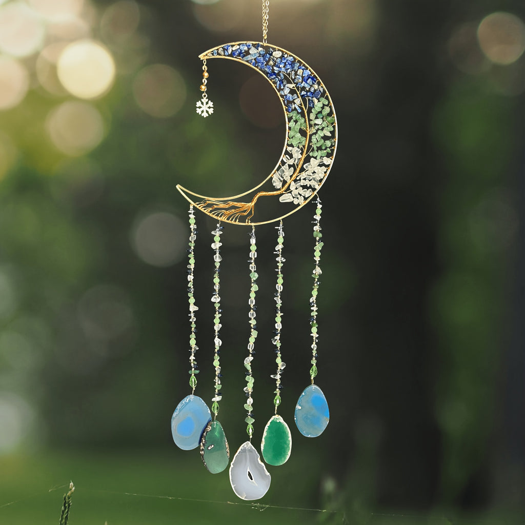 Handmade Moon Agate Tree Hanging Ornament – Boho Suncatcher Crystal Wall Decor | Birthday, Christmas & Holiday Gift for Mom, Friends & Her