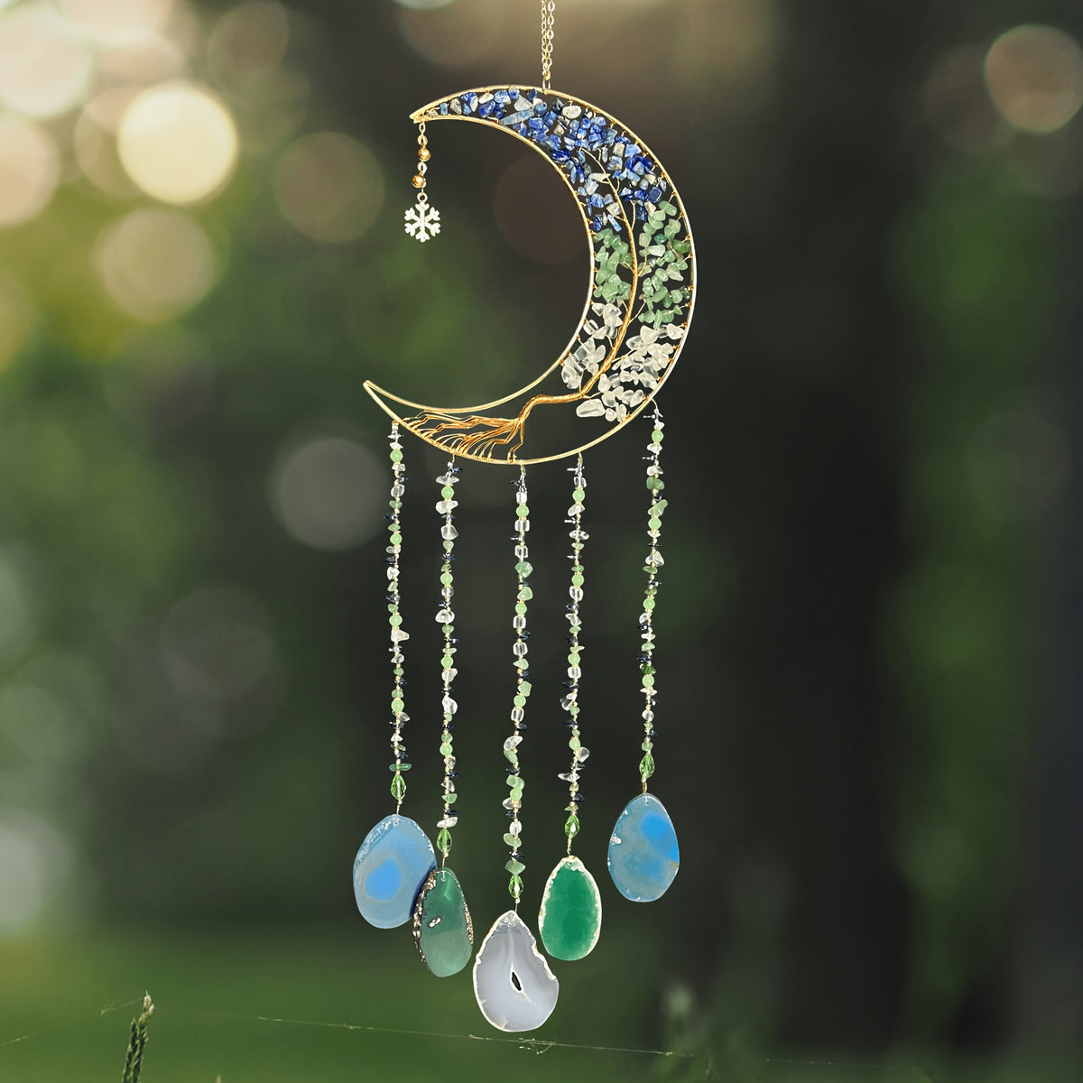 Handmade Moon Agate Tree Hanging Ornament – Boho Suncatcher Crystal Wall Decor | Birthday, Christmas & Holiday Gift for Mom, Friends & Her