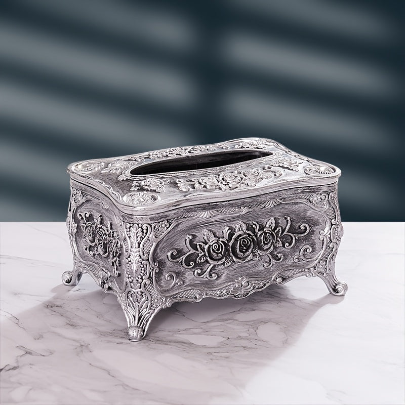 European Retro Luxury Tissue Box Cover | Decorative Antique-Style Facial Tissue Holder for Living Room, Bathroom & Restaurant | Antique Gold, Silver or Vintage Red