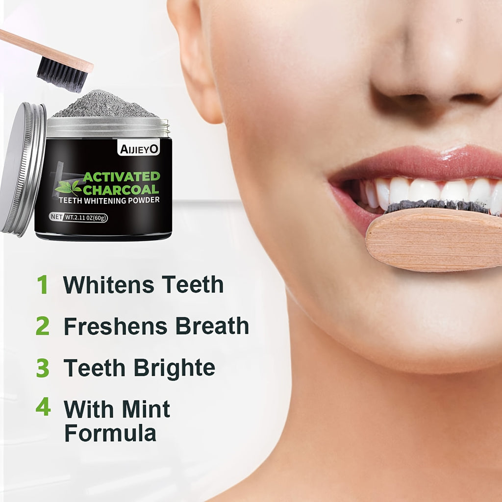 Activated Charcoal Teeth Whitening Powder Natural Brightening Tooth Polish Deep Cleaning Plaque Remover Mint Flavor Fresh Breath Daily Use 60g