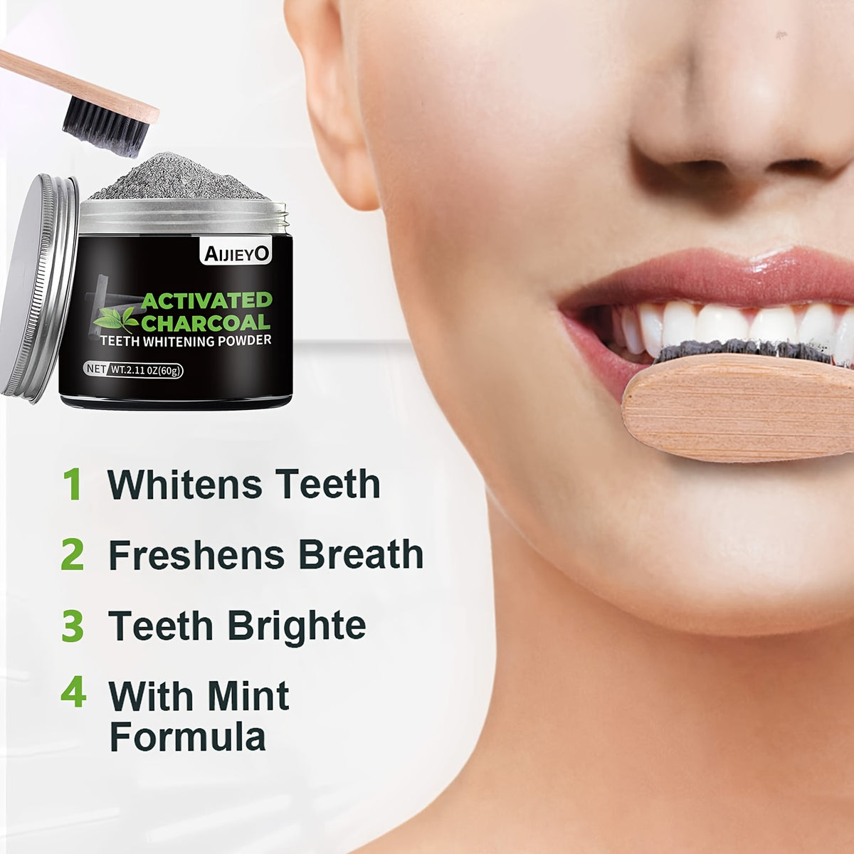 Activated Charcoal Teeth Whitening Powder Natural Brightening Tooth Polish Deep Cleaning Plaque Remover Mint Flavor Fresh Breath Daily Use 60g