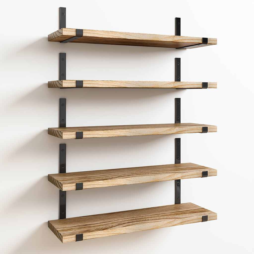 Rustic Floating Shelves Set of 5 Wood Wall Shelves 15.8x4.7 Inch for Bedroom Living Room Kitchen Bathroom Office Plant Display Home Decor Dark Brown Light Brown Black Gold