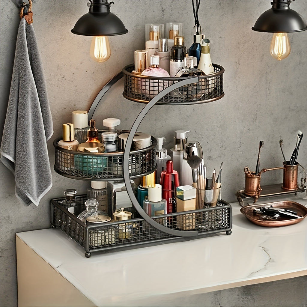 3-Tier Metal Makeup & Cosmetic Storage Rack, No-Install Countertop Organizer for Vanity, Dressing Table & Bathroom — Modern Tabletop Display Shelf, White & Dark