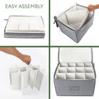 Quilted Stemware Storage Case 12-Compartment Wine Glass Storage Box with Dividers Collapsible 15.5x12.5x10in – Gray