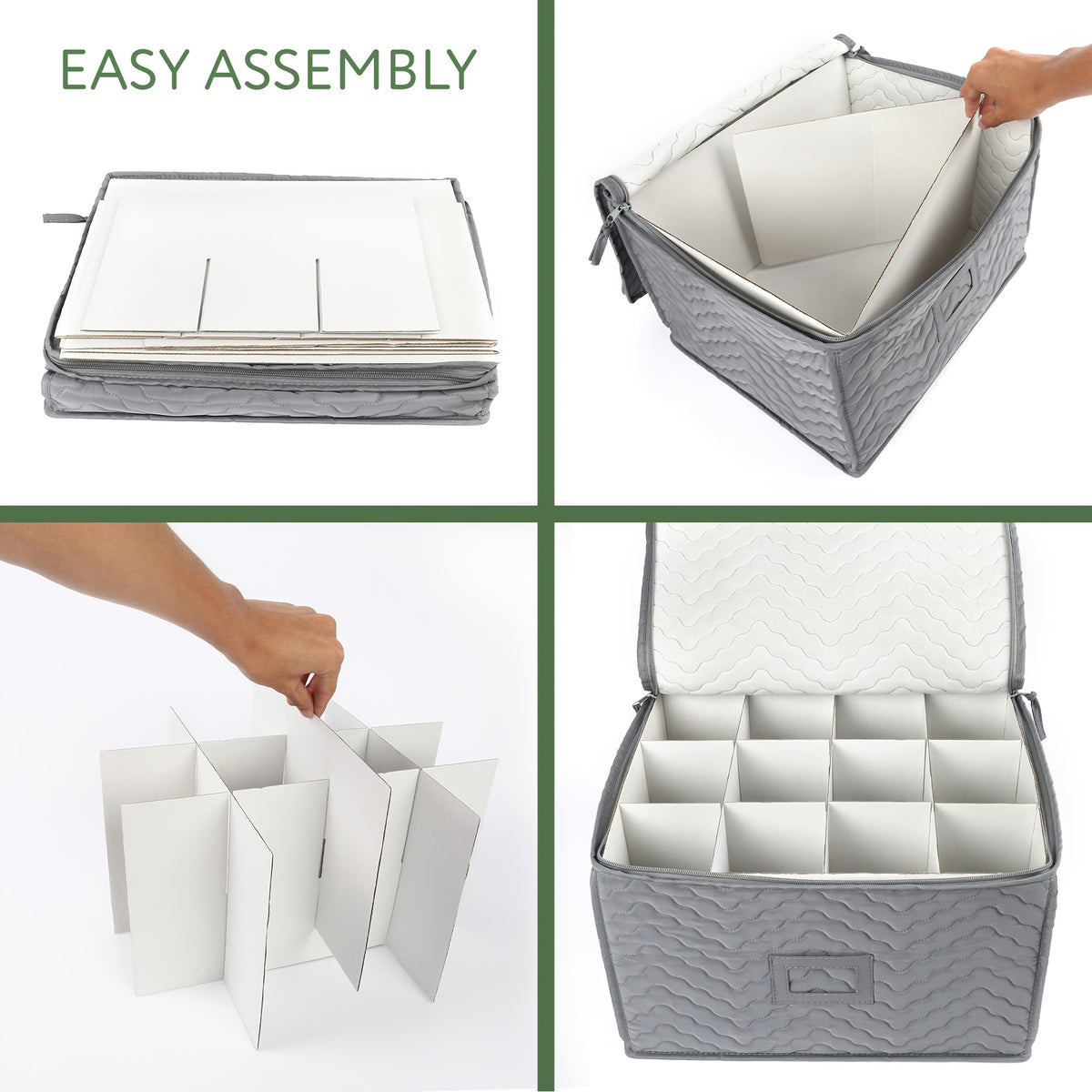 Quilted Stemware Storage Case 12-Compartment Wine Glass Storage Box with Dividers Collapsible 15.5x12.5x10in – Gray