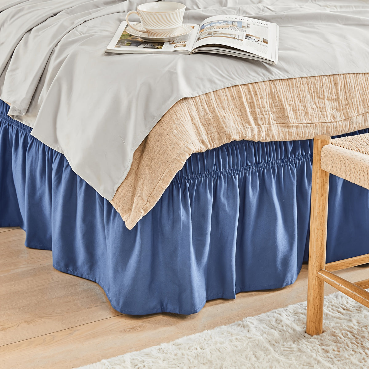 Elastic Wrap Around Bed Skirt No-Lift, 15 Inch Drop Microfiber Dust Ruffle, 30 Fade-Resistant Colors, Machine Washable, Twin Full Queen King Size