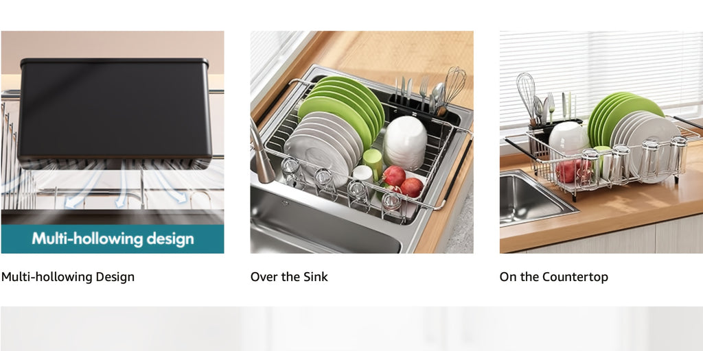Stainless Steel Over-the-Sink Dish Drying Rack & Colander Strainer Basket with Expandable Grip – Heavy-Duty Sink-Mounted Dish Drainer for Vegetable Washing & Space-Saving Kitchen Organization
