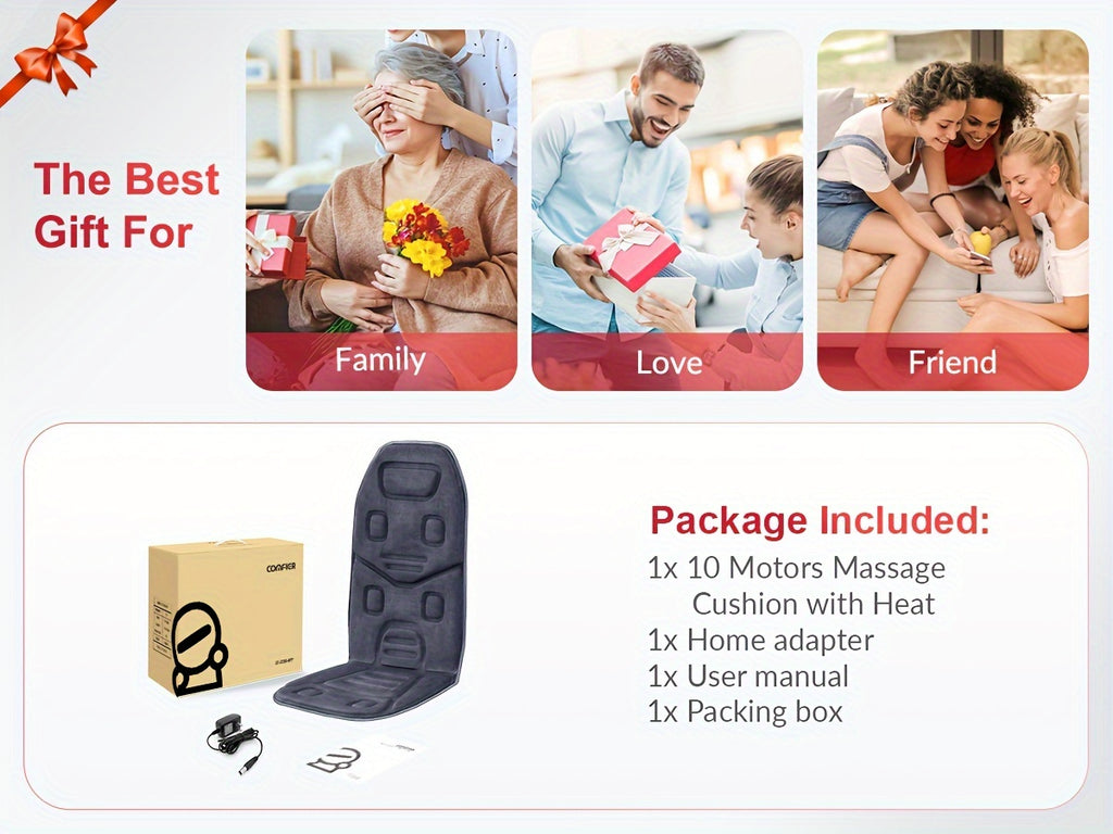 Heated Massage Seat Cushion with 10 Vibration Motors – 5 Modes 3 Intensity Levels Back & Seat Warmer Pad for Recliner Office Chair, 30-Min Auto Shut-Off, Father's Day Mother's Day Gift