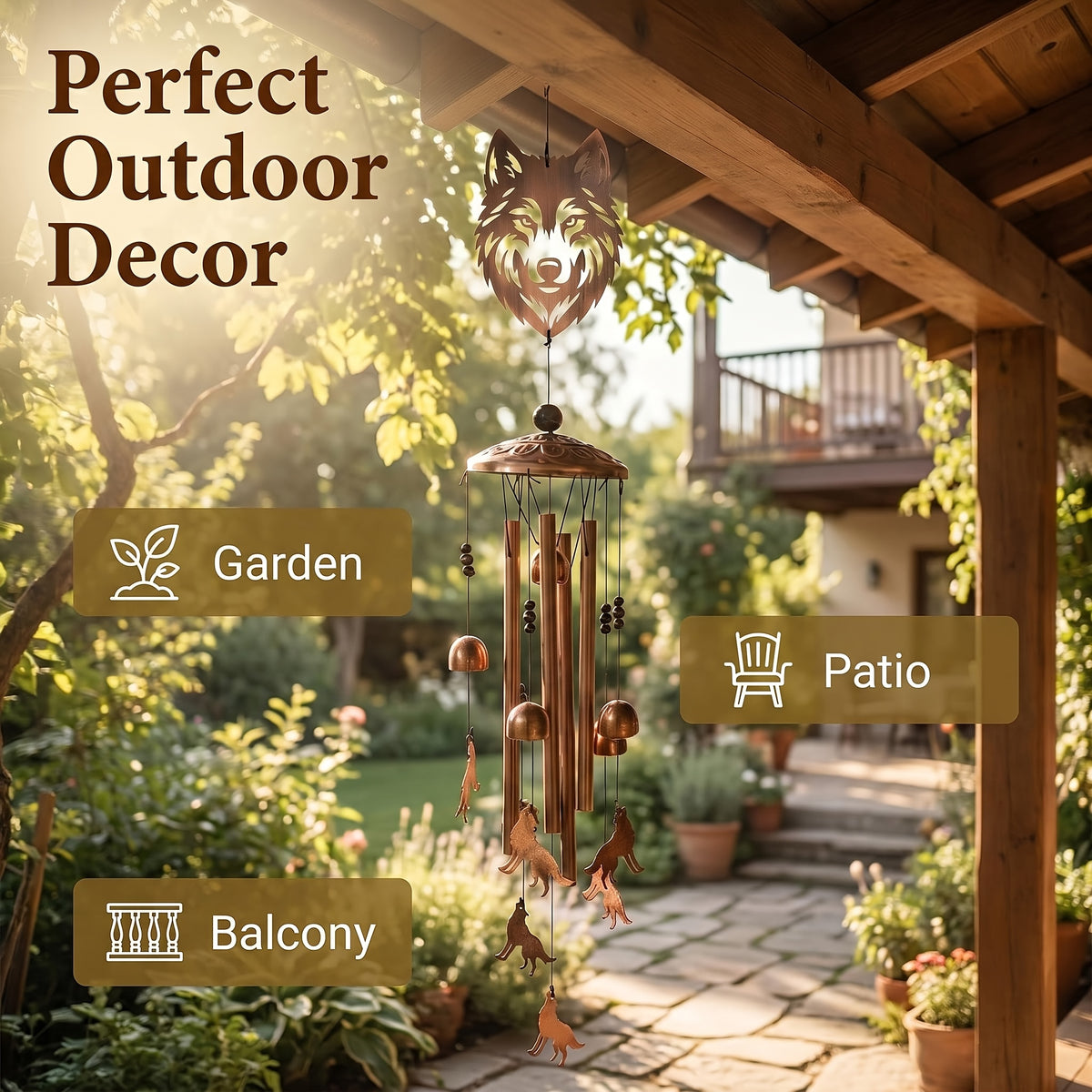 Wolf Wind Chimes Outdoor Metal – Unique Wolf Gift for Women & Men, Memorial Sympathy Birthday Gift, Patio Garden Porch & Yard Decor