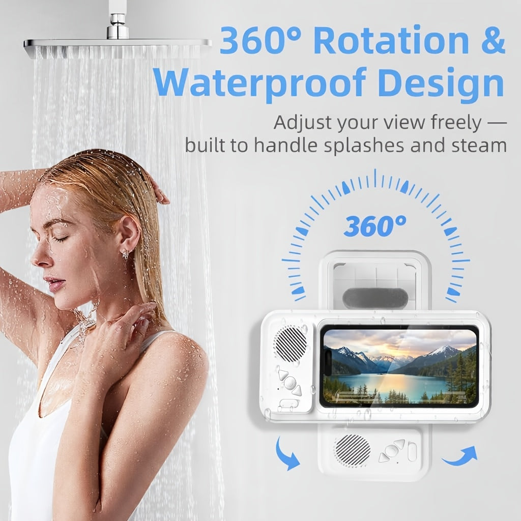 Shower Phone Holder 360 Degree Rotating Waterproof Wall Mount with Wireless Bluetooth Speaker IPX5 Rated for Bathroom Tub Kitchen Mirror Compatible with 4-6.8 Inch Phones Black White Pink