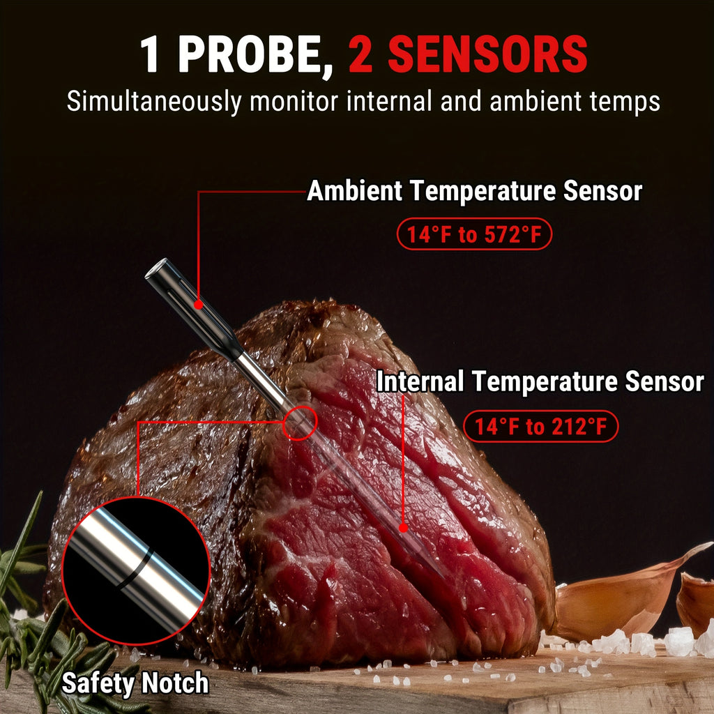Wireless Meat Thermometer 500ft Bluetooth, Digital Food Thermometer with Dual Sensors & App Alerts for Oven, Grill, BBQ, Smoker & Air Fryer, 36Hr Battery, Dishwasher-Safe Probe, Perfect BBQ Gift