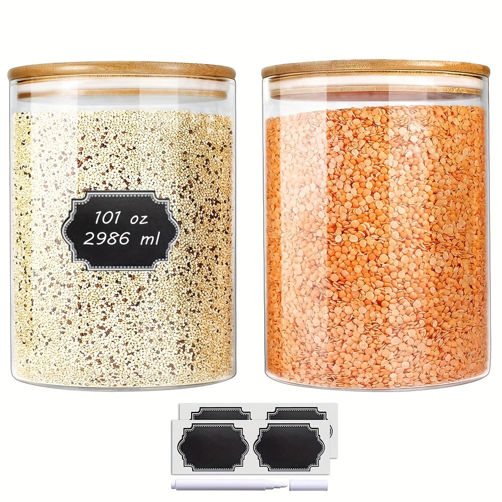 Glass Canisters for Kitchen Counter Set of 2 Large 101oz Airtight Lids, Wooden Lid Cookie Jars, Food Storage Containers for Sugar, Flour, Pasta, Coffee Beans & Candy