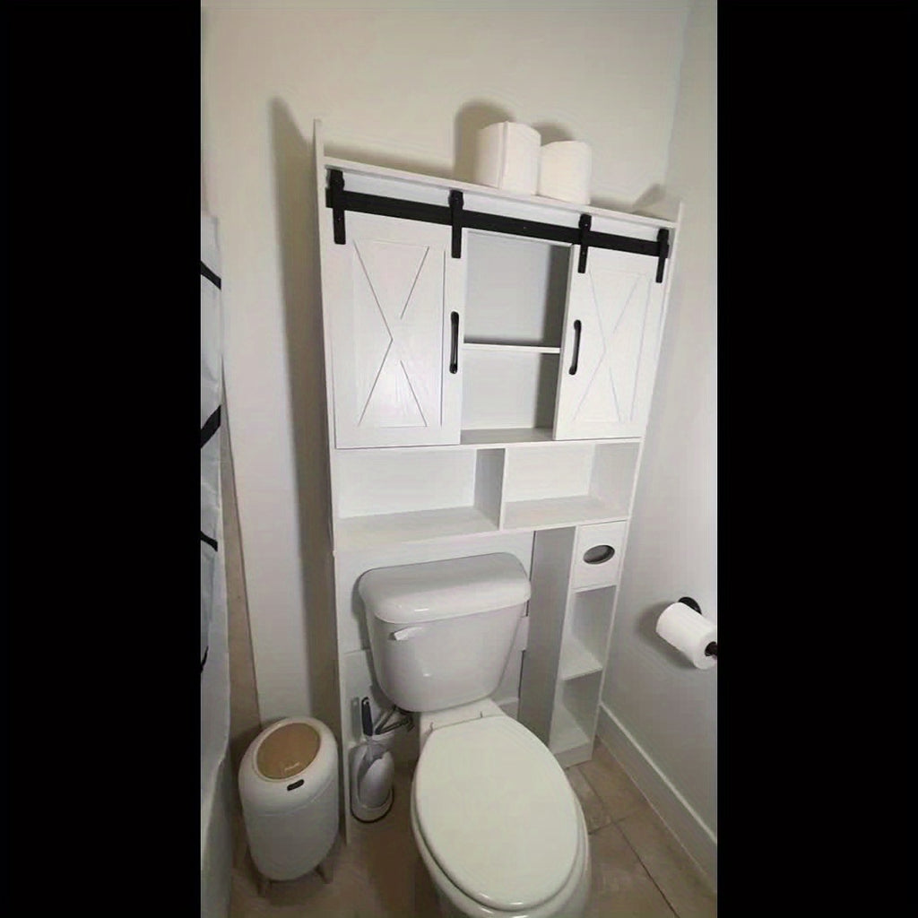 Farmhouse Over Toilet Cabinet with Sliding Doors Engineered Wood Adjustable Shelf Toilet Paper Holder Stand Space Saving Bathroom Storage No Wall Mount Multiple Colors