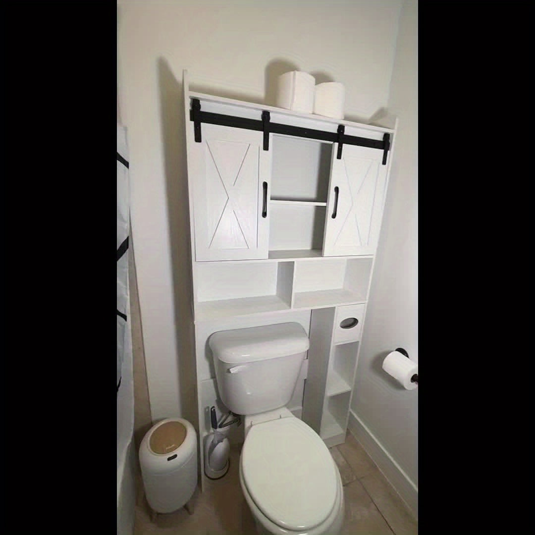 Farmhouse Over Toilet Cabinet with Sliding Doors Engineered Wood Adjustable Shelf Toilet Paper Holder Stand Space Saving Bathroom Storage No Wall Mount Multiple Colors