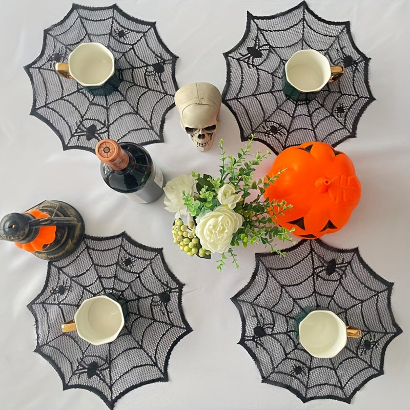 Halloween Spider Web Lace Round Placemats Black Polyester Table Mats for Dining Decor Spooky Party Supplies Set of 1 2 8 Pieces 12 Inch