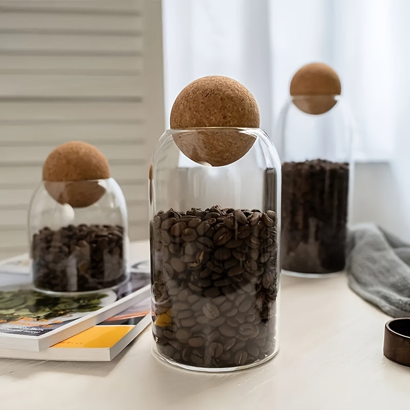 Glass Storage Jars Set of 3 Large Airtight Pantry Jars with Cork Ball Lid & Spoon – Transparent Sealed Canisters for Coffee Beans, Tea, Sugar, Spices & Candy
