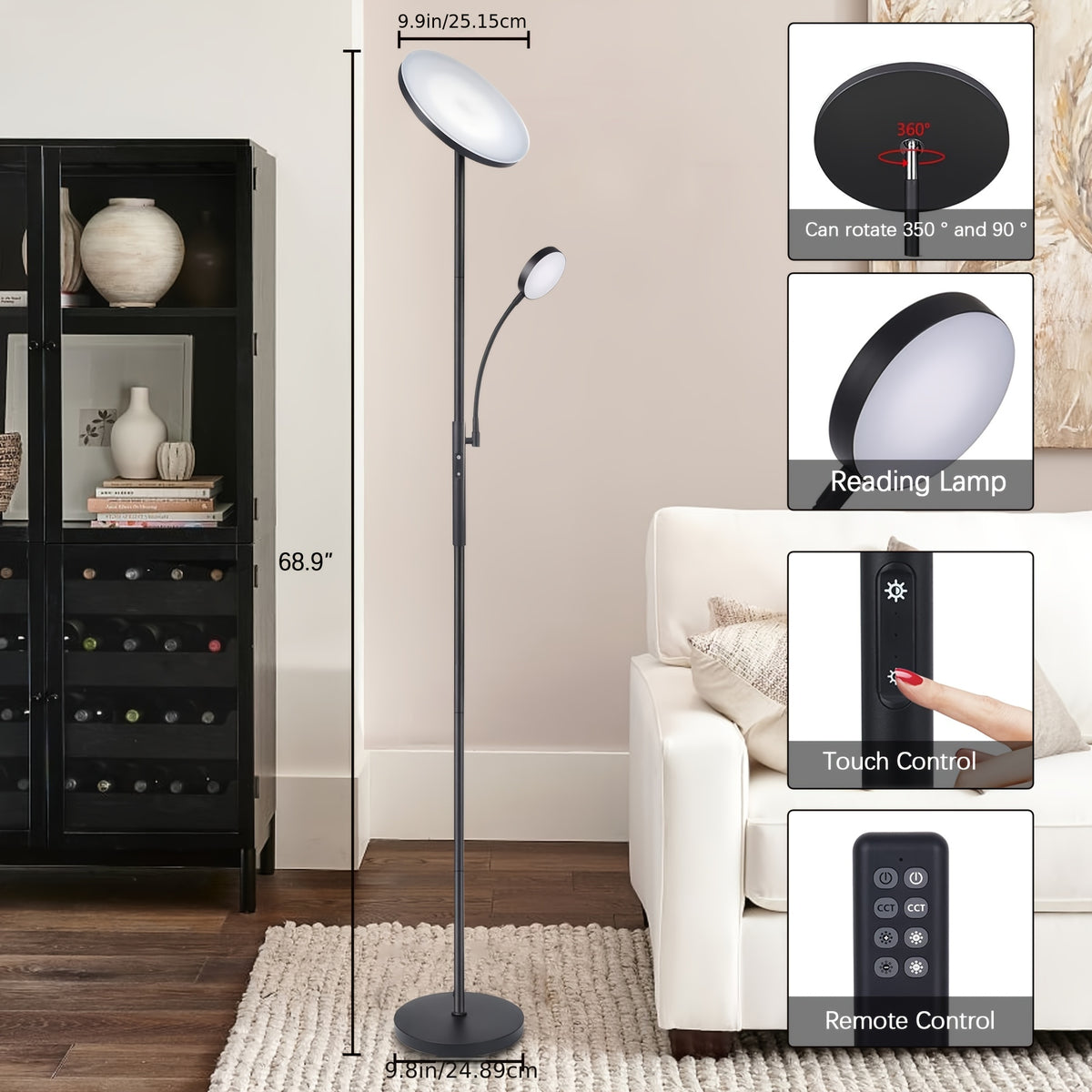 LED Torchiere Floor Lamp 27W+7W Dual Light with Reading Arm, 4 Color Temperatures, Dimmable, Remote & Touch Control – Home & Office Standing Lamp | Nuvia Haven