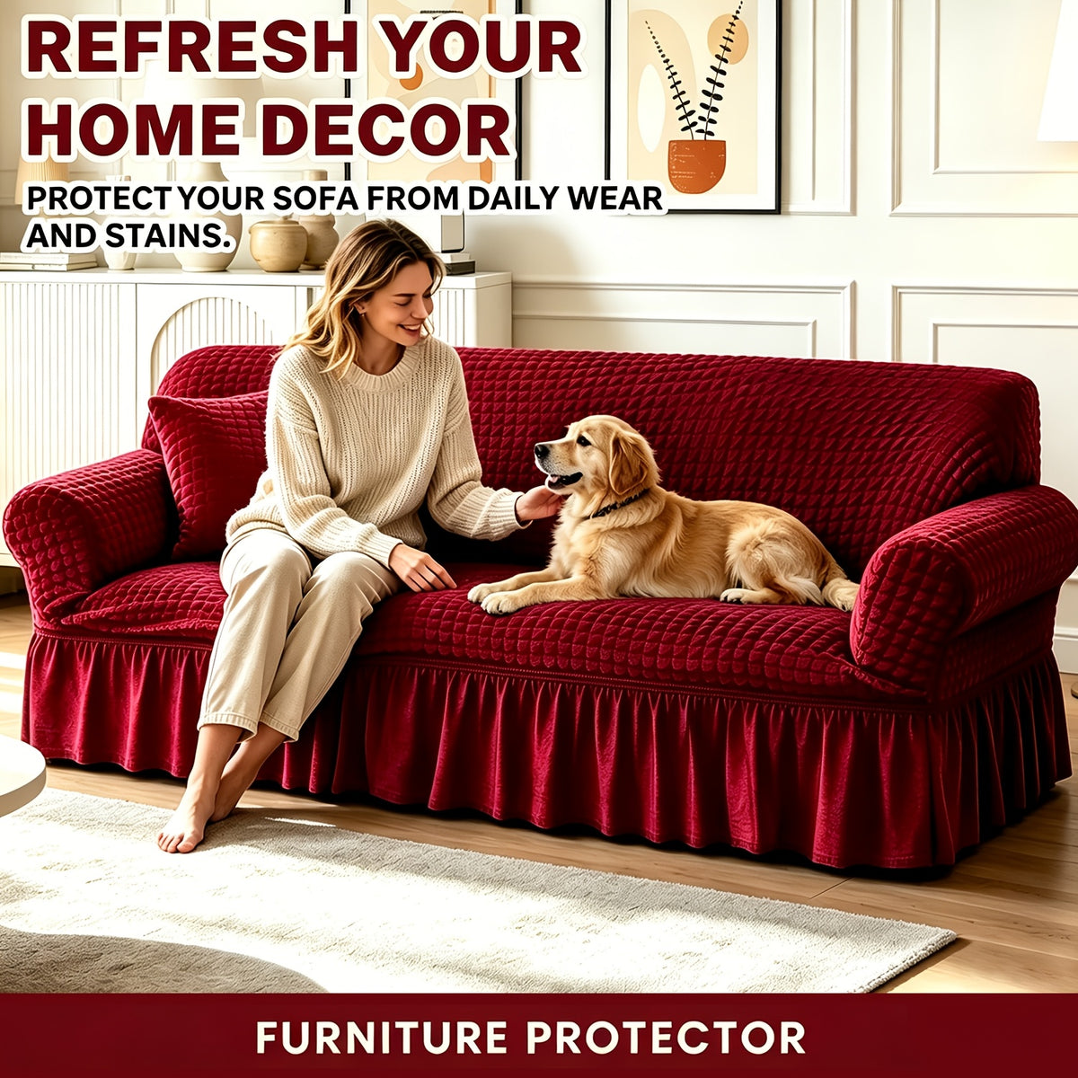 Seersucker Sofa Cover All-In-One Stretch Slipcover – Elastic Band Polyester Spandex Machine Washable Couch Protector for Armchair Loveseat 1 2 3 4 Seater Solid Color