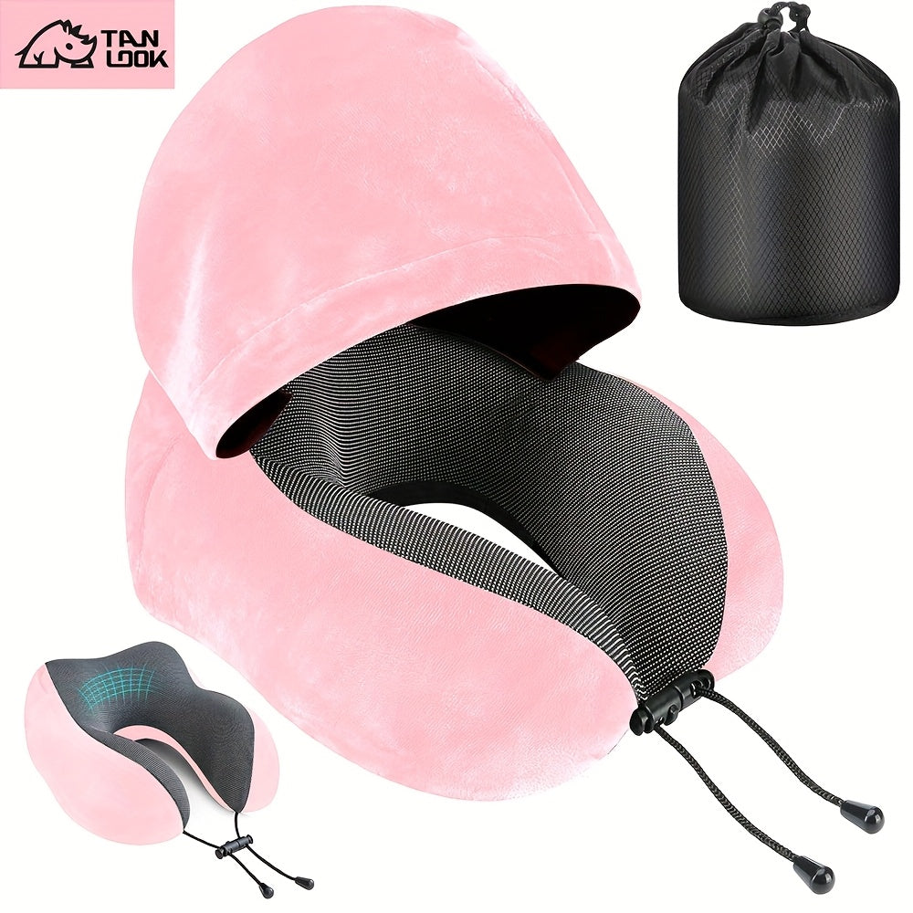 Hooded U-Shaped Travel Neck Pillow with Hood & Light-Blocking Cover – Airplane Nap Pillow for Adults, Home Office Sleep Support, U-Shape Neck Rest