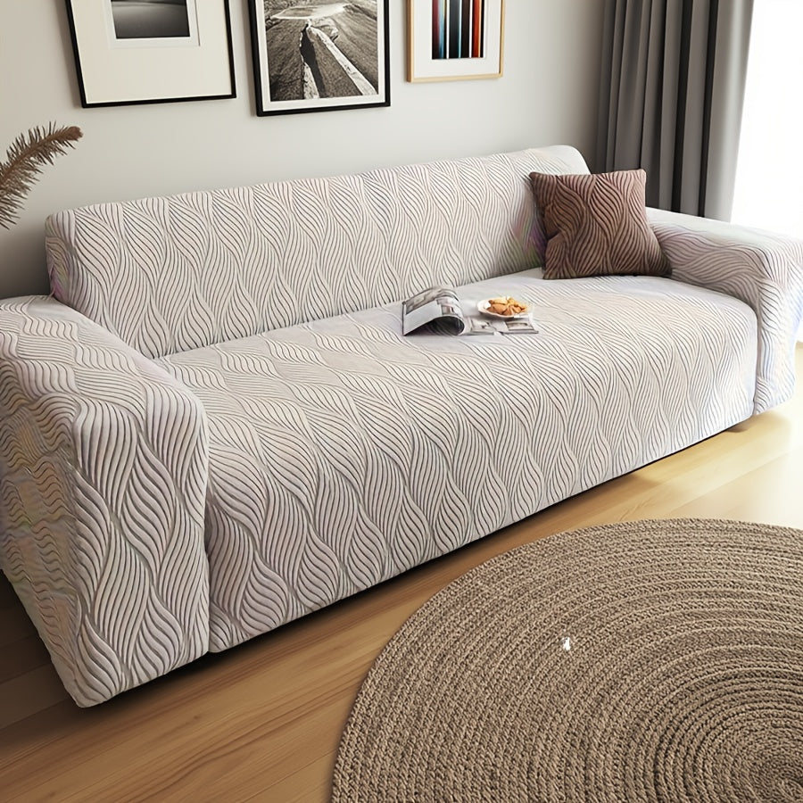 Jacquard Elastic Sofa Cover – Modern Artistic Slip-Resistant Couch Slipcover | All-Season Polar Fleece Furniture Protector for Living Room, Office & Bedroom | Includes Free Pillow Cover | 1-4 Seater