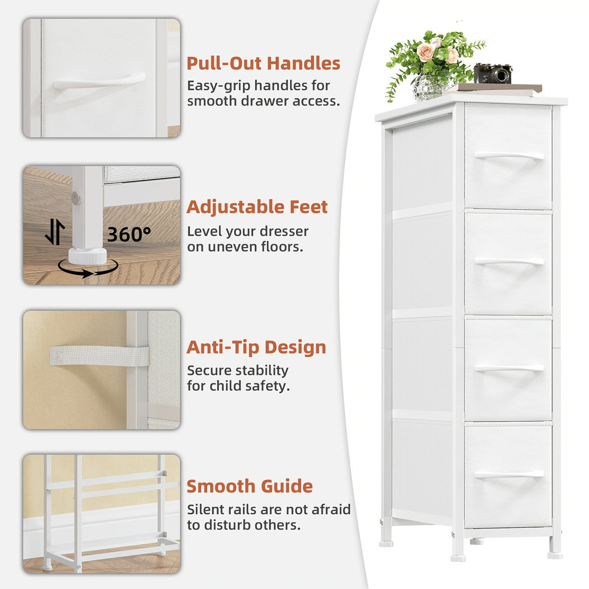 Narrow Dresser with 4 Drawers – Slim Storage Organizer Chest with Removable Fabric Drawers for Bedroom, Bathroom, Closet & Laundry