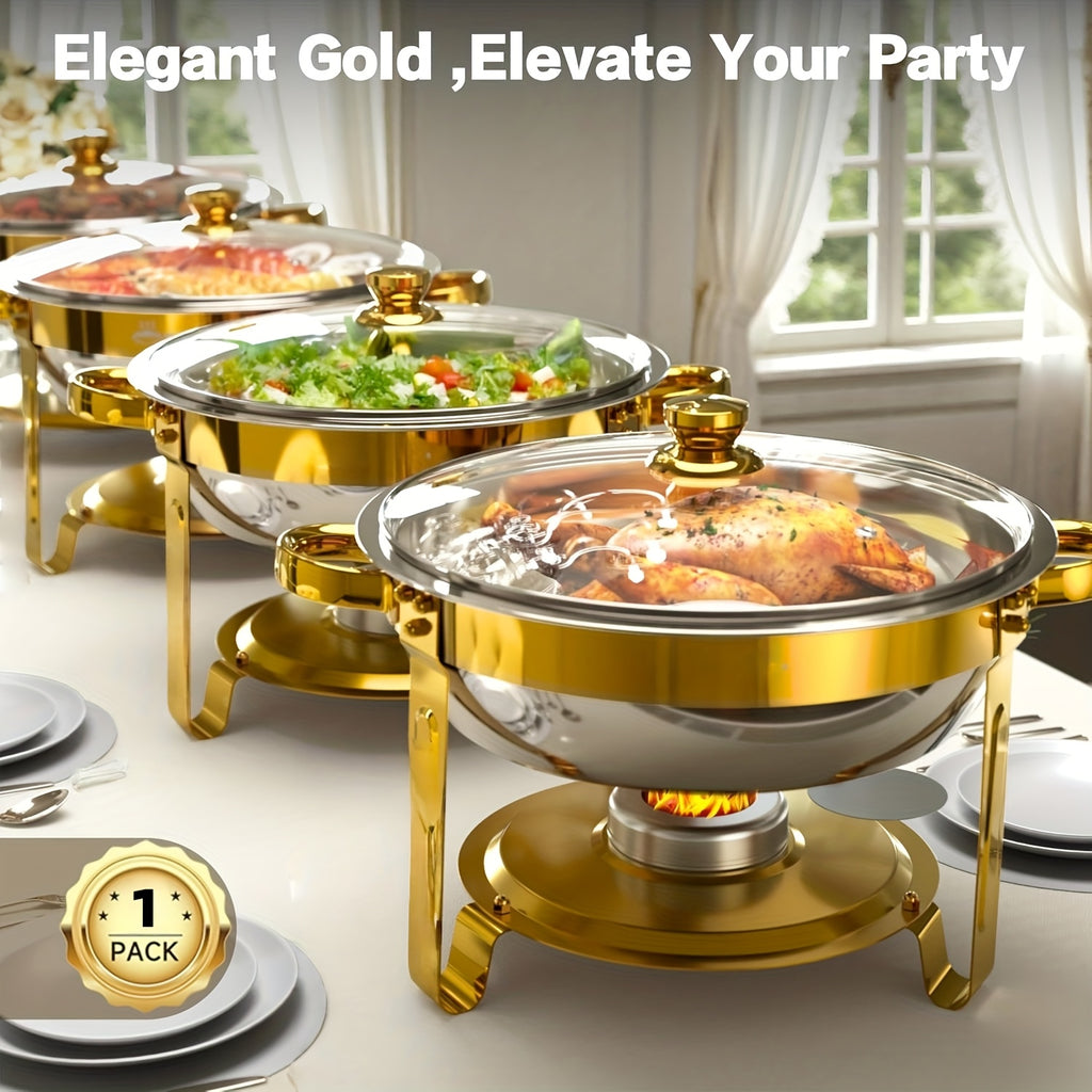 Stainless Steel Chafing Dish Buffet Set 5QT Round - Premium Food Warmer Server with Dome Lid for Parties, Banquets, Weddings & Catering, Available in 1, 2 & 4 Pack Golden Finish
