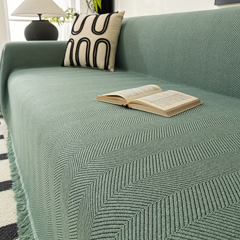 Herringbone Sofa Cover with Tassels – Washable Polyester Throw for 3-Seater, 4-Seater & Large Sofas | Grey, Coffee, Green