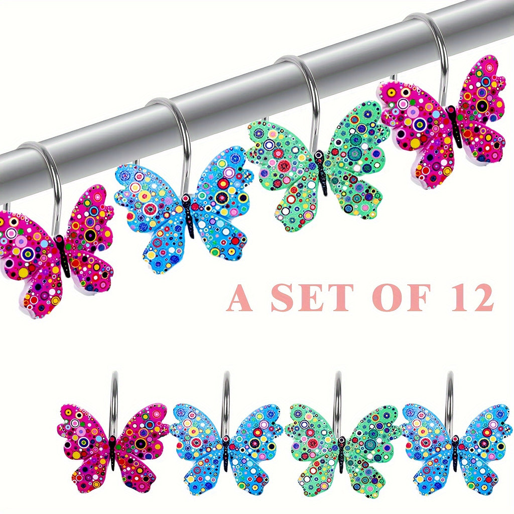 Butterfly Shower Curtain Hooks 12 Pack - Decorative Rustproof Metal Curtain Hook Rings, Colorful Aesthetic Design for Bathroom, Wardrobe & Living Room, Green Blue Tricolor Options