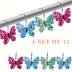 Butterfly Shower Curtain Hooks 12 Pack - Decorative Rustproof Metal Curtain Hook Rings, Colorful Aesthetic Design for Bathroom, Wardrobe & Living Room, Green Blue Tricolor Options