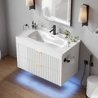 Floating Bathroom Vanity with Sink 24 Inch LED Light Wall Mounted 3-Hole Ceramic Basin Wave Line Design Soft Close Drawers for Small Spaces Black White