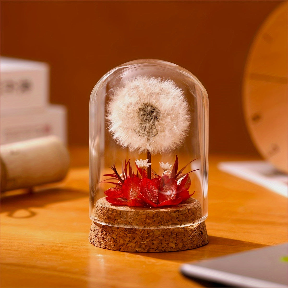 Eternal Dandelion Glass Dome Decoration – Preserved Floral Arrangement in Transparent Display Case, Long-Lasting Keepsake Home & Desk Decor, Perfect Gift for Mother’s Day, Birthday, Christmas & Teacher Appreciation, Red or Pink
