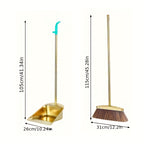 Premium Golden Stainless Steel Broom with Microfiber Bristles & 15° Angled V-Edge Dustpan – Floor-Safe, Hair-Trapping, Rubberized Bumper for Indoor & Outdoor Sweeping | Broom Only or Set