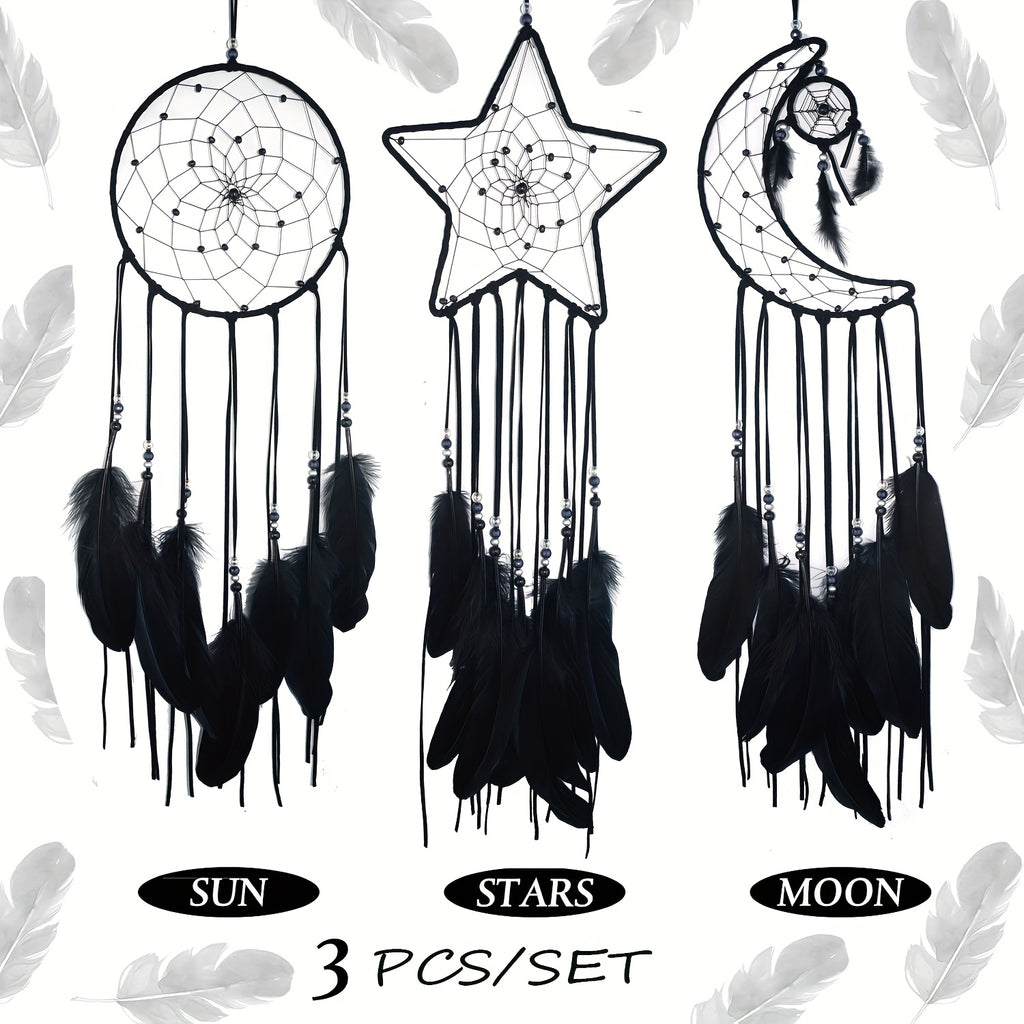 Dream Catcher Wall Decor Set of 3 – Star Moon Sun Boho Room Decor for Teen Girls & Kids Bedroom