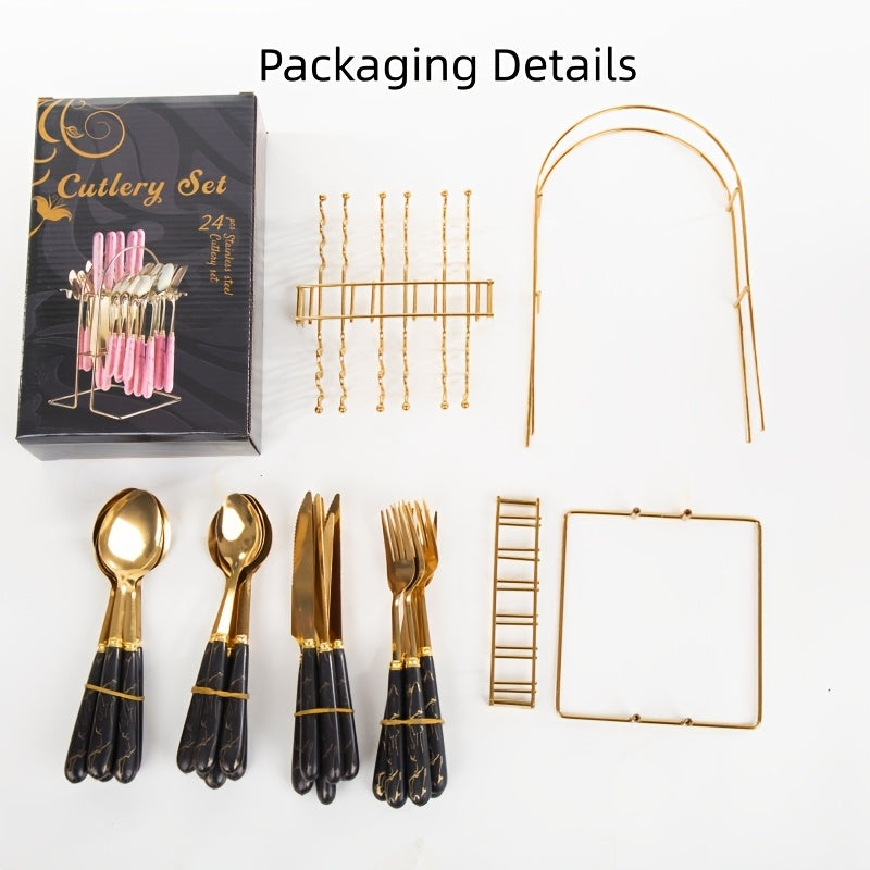 24-Piece Marble Pattern Stainless Steel Flatware Set Western Steak Knife Fork Spoon with Gift Box and Storage Rack