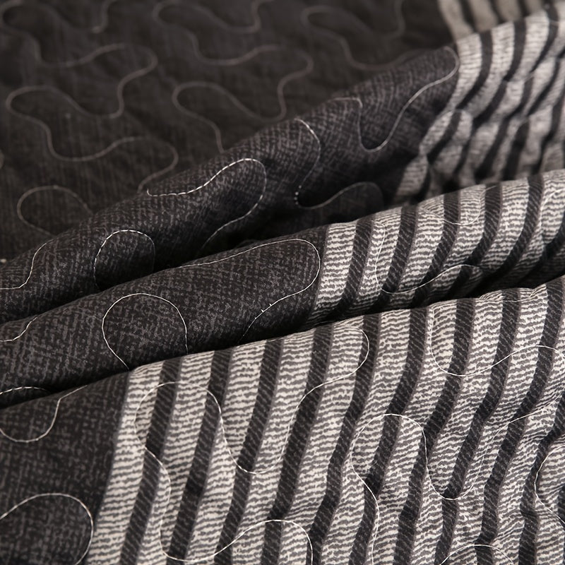 Striped Quilted Coverlet Set 3 Piece – Brushed Soft Warm Black Grey White Bedspread with 2 Pillowcases for Bedroom & Guest Room, No Insert