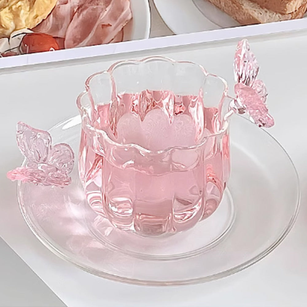 Borosilicate Glass Lotus Tea Cup with Plate 4.73oz – Heat Resistant Transparent Glassware, French Princess Style for Home, Office & Gifting