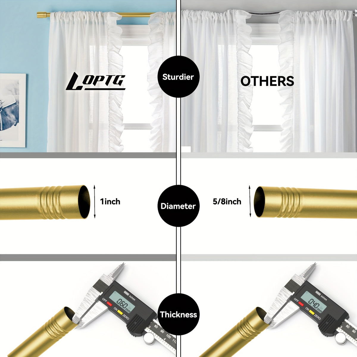Decorative Curtain Rod 1 Inch Diameter Adjustable with Modern Finials – Drapery Rod for Windows 18-120 Inch, Black Brushed Nickel Gold Curtain Hardware